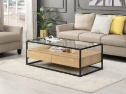 Table Basse Avec 2 Tiroirs En MDF, Verre Trempé Et Métal - Naturel Clair - CAMATA