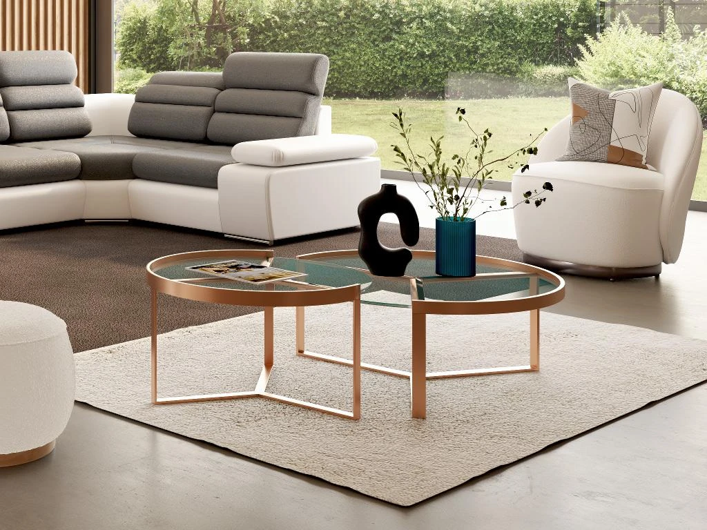 Tables Basses Gigognes En Verre Trempé Et Acier Inoxydable - Transparent Et Cuivré - BASERI
