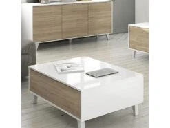 Table Basse Relevable Blanc Brillant/Chêne Clair - STOCKTON - L 100 X L 68 X H 41 Cm