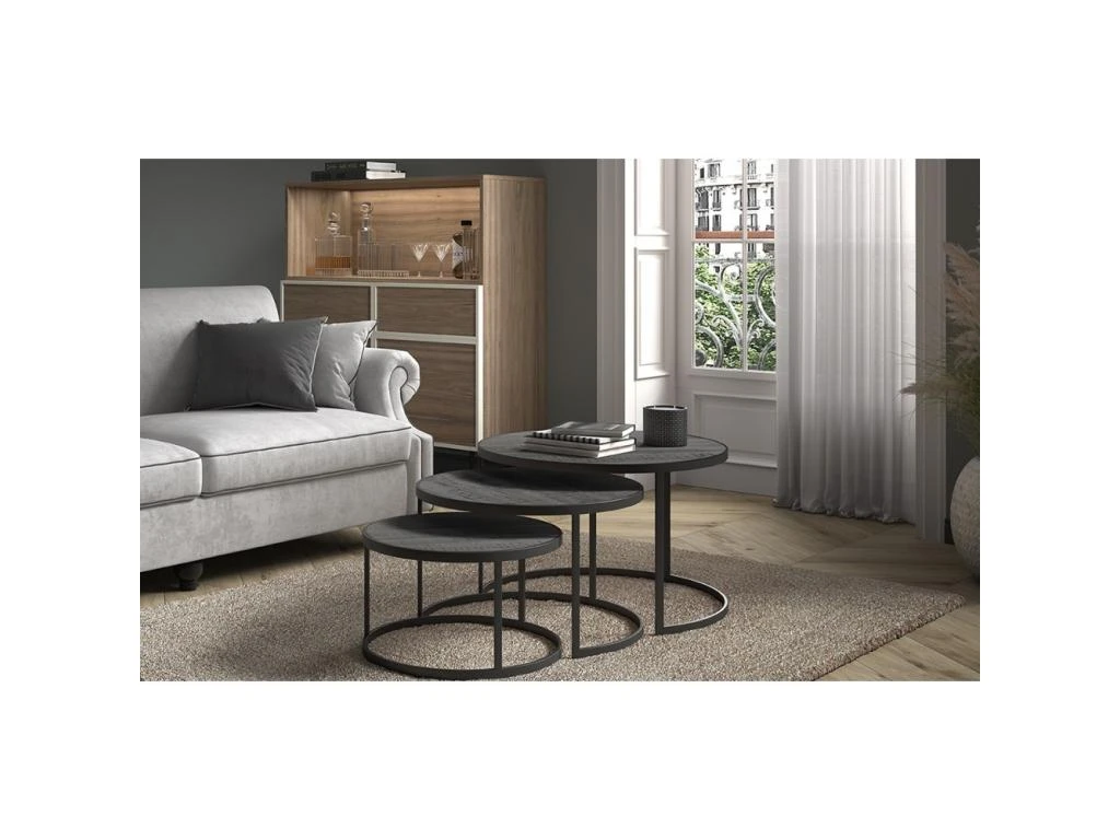 Table Basse Gigogne Ronde Noir Collection LENOX. Meuble Style Industriel – Image 2
