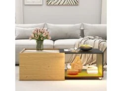 Table Basse Avec LED Et Plateau Extensible - Style Moderne - Naturel & Noir