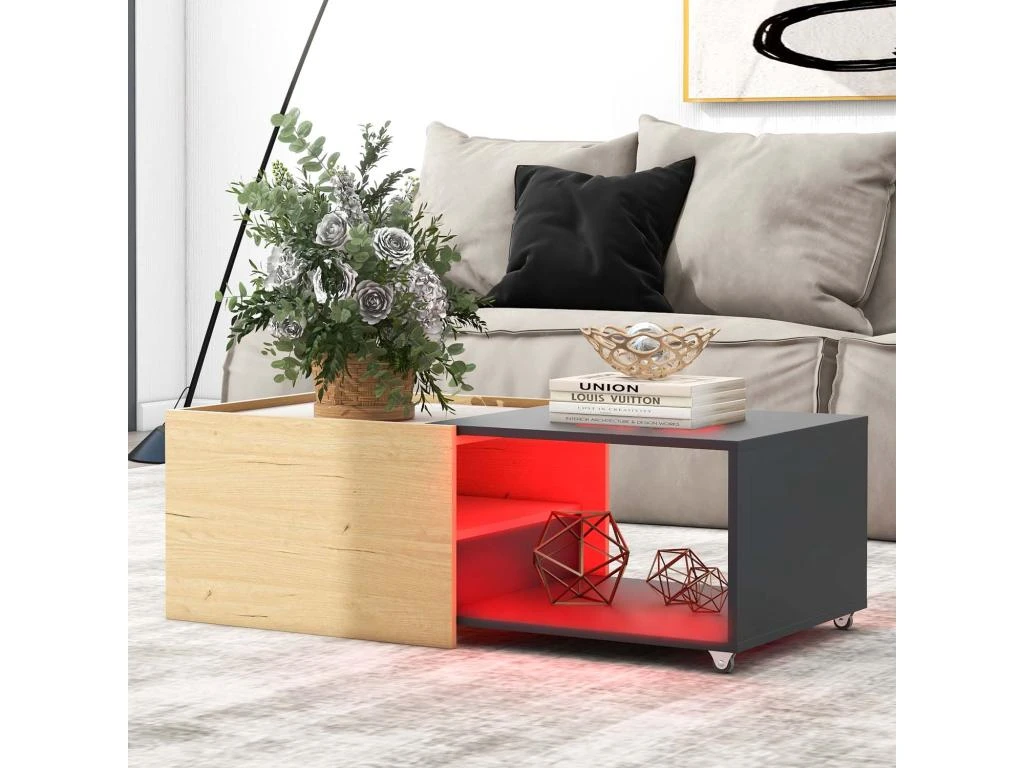 Table Basse Avec LED Et Plateau Extensible - Style Moderne - Naturel & Noir – Image 2