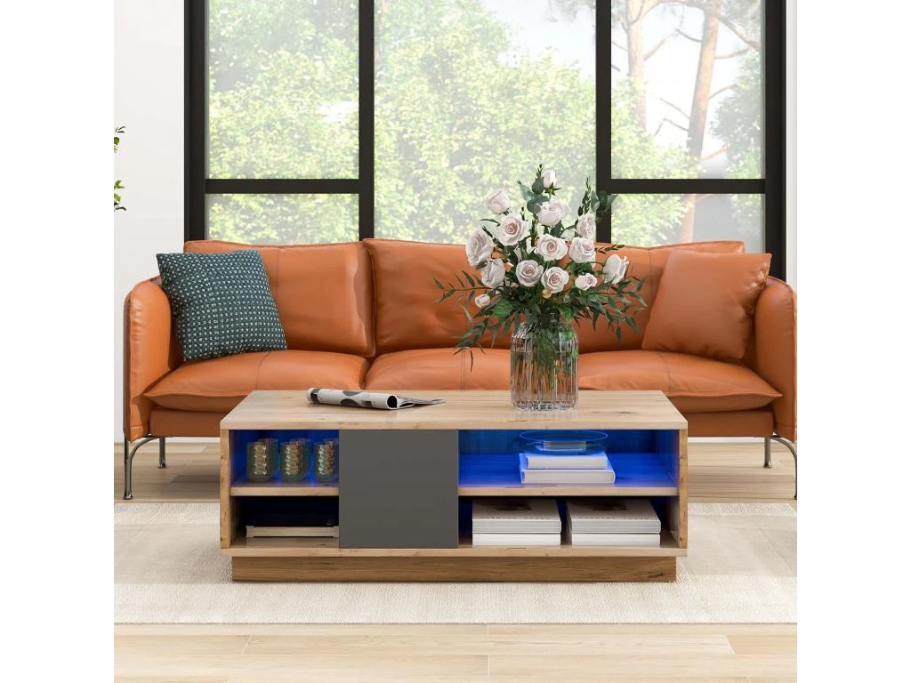 Table Basse Avec LED + 4 Compartiments - Naturel