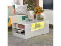 Table Basse Avec LED + étagères + Tiroirs - Aspect Brillant - Blanc