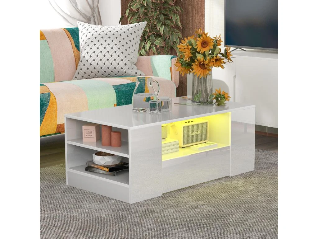 Table Basse Avec LED + étagères + Tiroirs - Aspect Brillant - Blanc