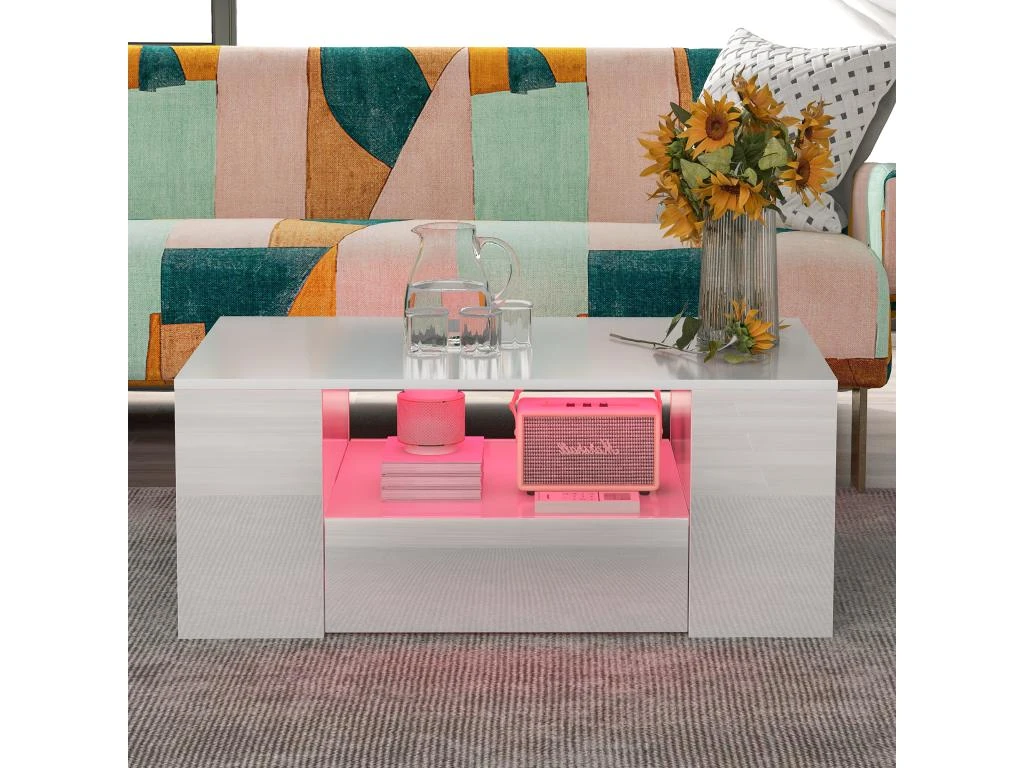 Table Basse Avec LED + étagères + Tiroirs - Aspect Brillant - Blanc – Image 4