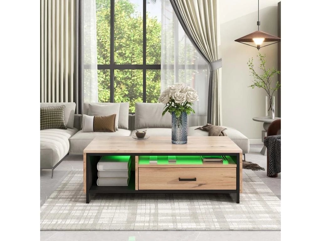 Table Basse Avec LED + 2 Compartiments + 1 Tiroir - Naturel
