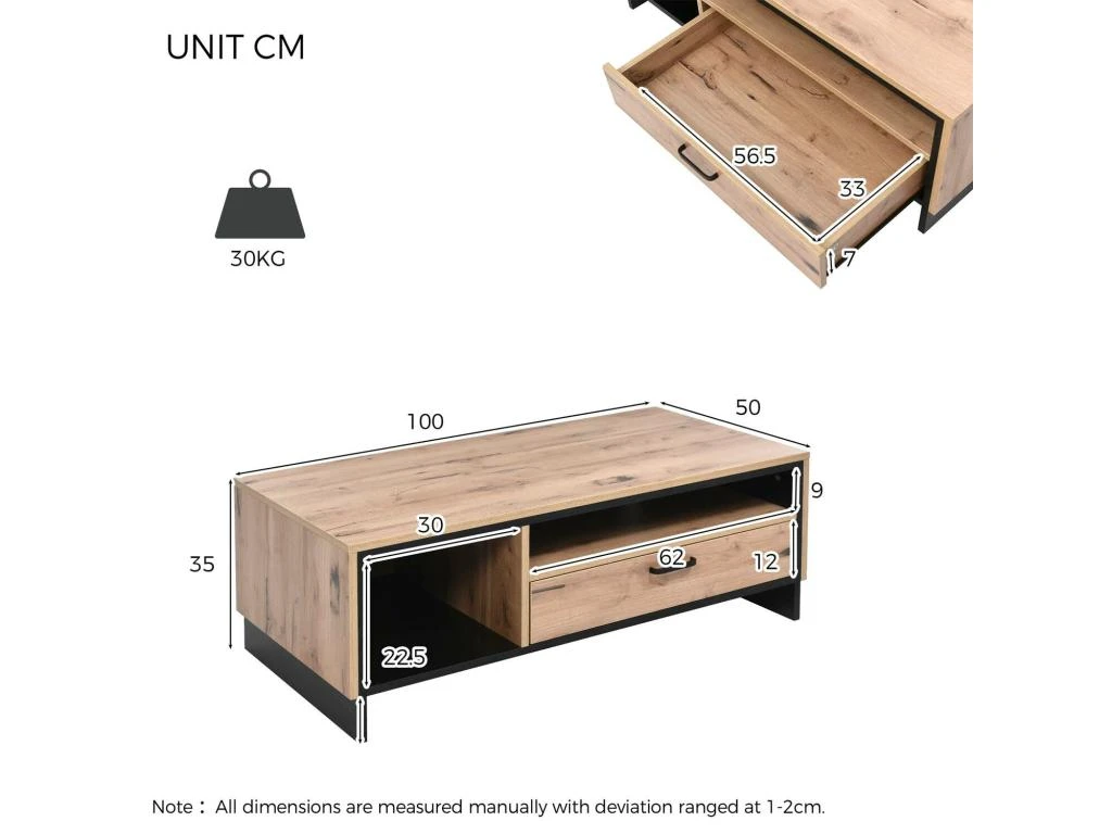 Table Basse Avec LED + 2 Compartiments + 1 Tiroir - Naturel – Image 5
