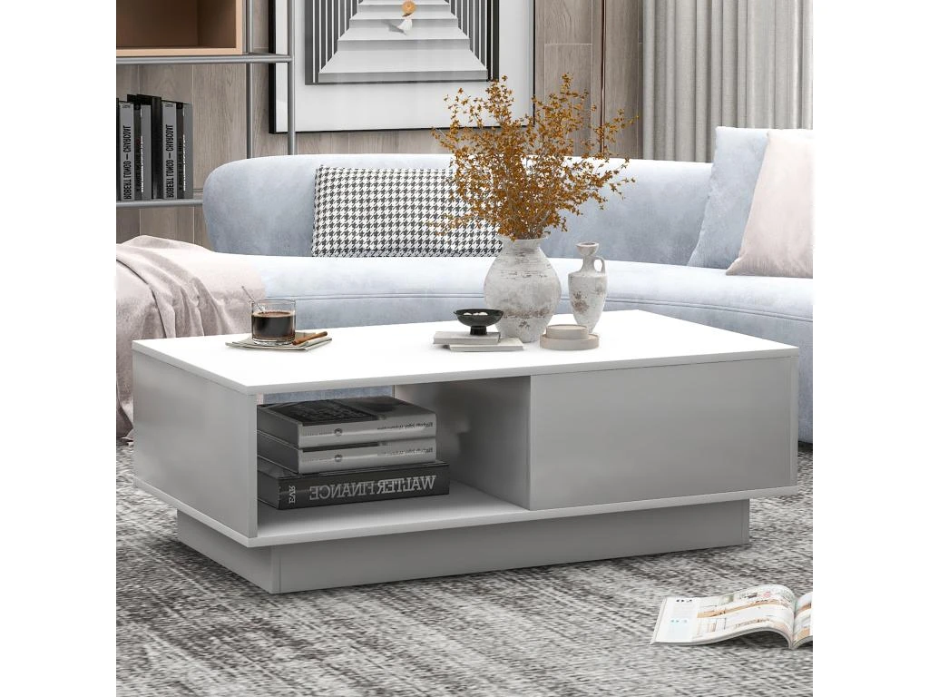 Table Basse Avec LED Et Tiroir Pour Salon - Style Contemporain - Blanc
