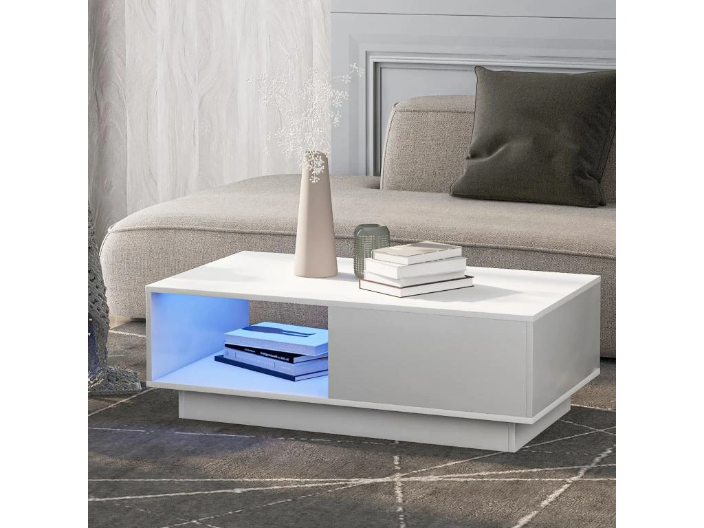 Table Basse Avec LED Et Tiroir Pour Salon - Style Contemporain - Blanc – Image 2