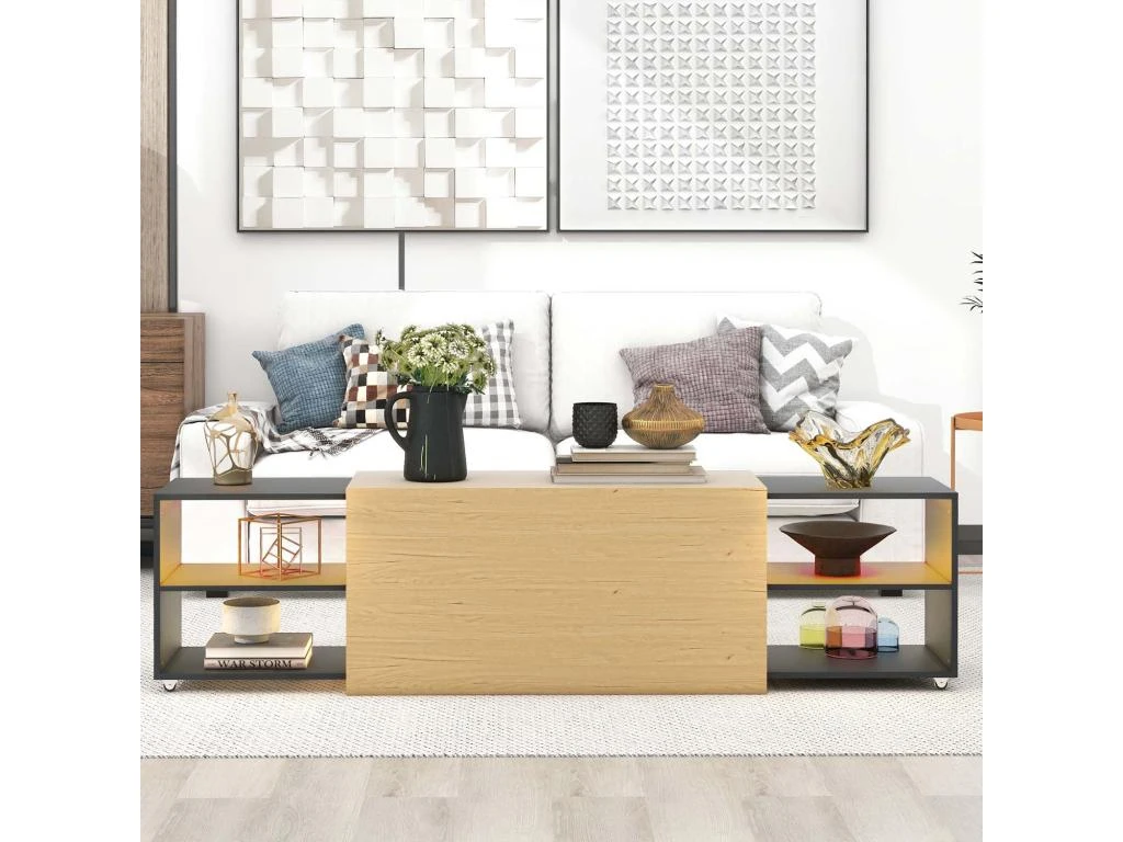 Table Basse Avec LED + Compartiments + Plateau Extensible - Style Moderne - Naturel & Noir