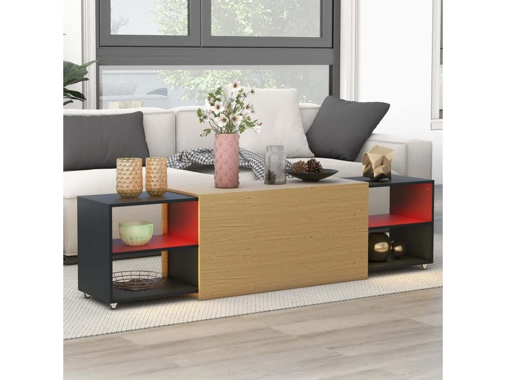 Table Basse Avec LED + Compartiments + Plateau Extensible - Style Moderne - Naturel & Noir – Image 2