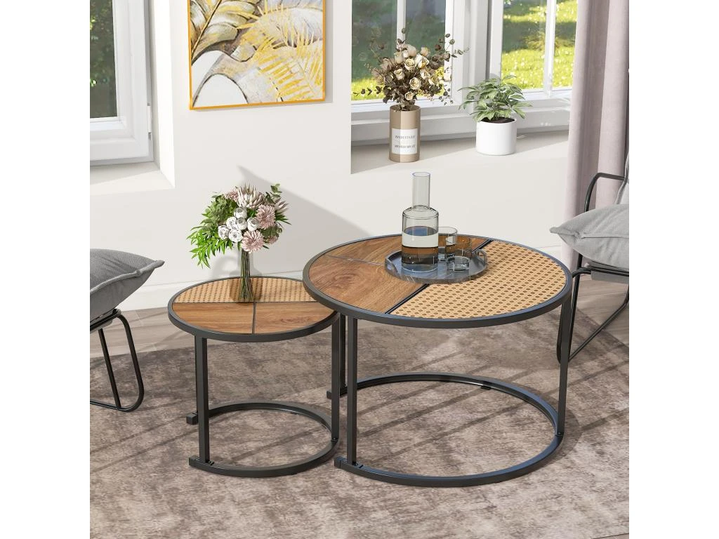 Lot De 2 Tables Gigongnes - En Faux Rotin Empilables - Style Campagnard - Naturel