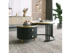 Lot De 2 Tables Basses Gigognes Avec 2 Tiroirs - Plateaux En Effet Marbre Et En Verre Trempé - Noir & Noir