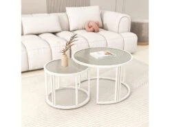 Lot De 2 Tables Gigognes - Plateau En Verre Ondulé à L'eau - Finition Blanc Laiteux -blanc