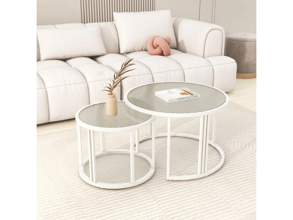 Lot De 2 Tables Gigognes - Plateau En Verre Ondulé à L'eau - Finition Blanc Laiteux -blanc