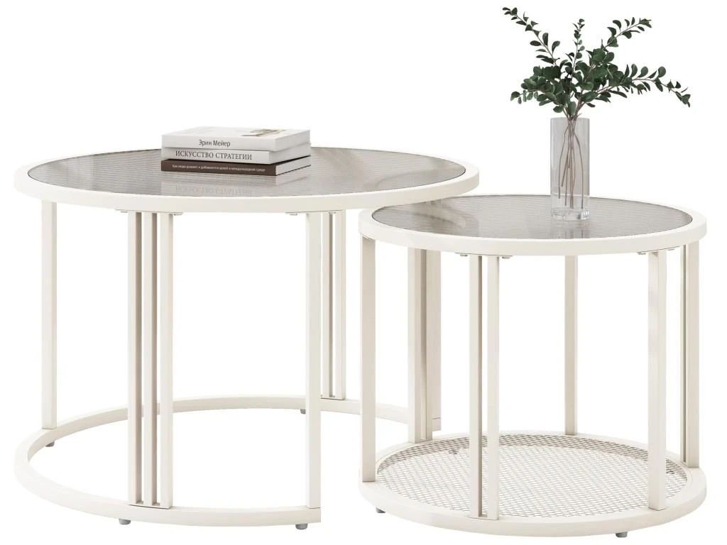 Lot De 2 Tables Gigognes - Plateau En Verre Ondulé à L'eau - Finition Blanc Laiteux -blanc – Image 2