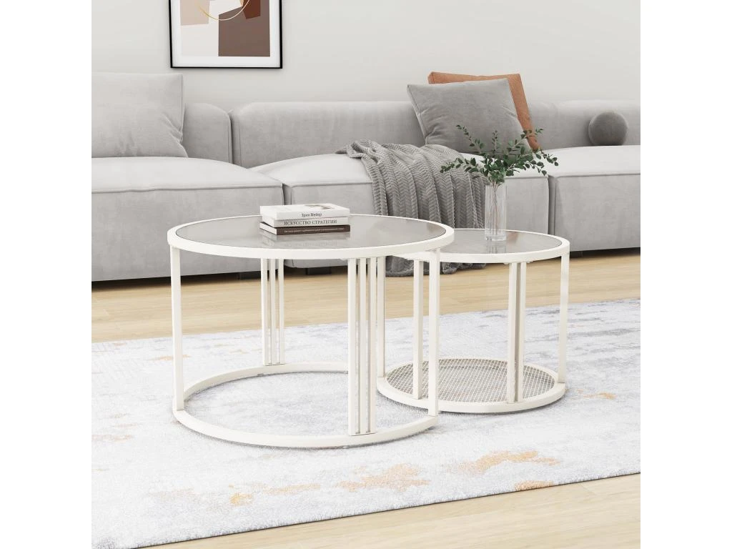 Lot De 2 Tables Gigognes - Plateau En Verre Ondulé à L'eau - Finition Blanc Laiteux -blanc – Image 4