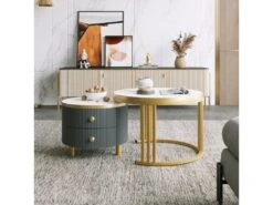 Lot De 2 Tables Basses Gigognes Avec 2 Tiroirs - Plateaux En Effet Marbre Et En Verre Trempé - Or & Gris