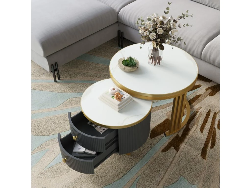 Lot De 2 Tables Basses Gigognes Avec 2 Tiroirs - Plateaux En Effet Marbre Et En Verre Trempé - Or & Gris – Image 2