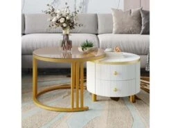 Lot De 2 Tables Basses Gigognes Avec 2 Tiroirs - Plateaux En Effet Marbre Et En Verre Trempé - Doré & Blanc