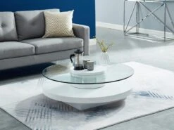 Table Basse RYHALI - Plateau Pivotant - Verre Trempé & MDF Blanc