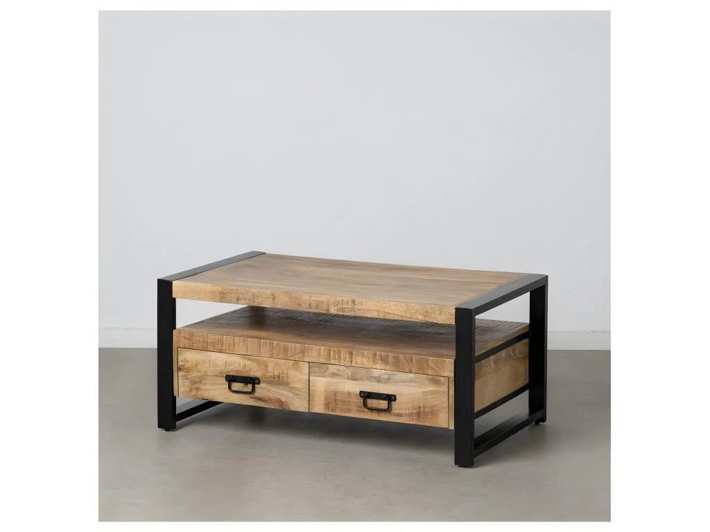 Table Basse 1 Niche 2 Tiroirs Bois Brut/Métal - AMANDIA – Image 3