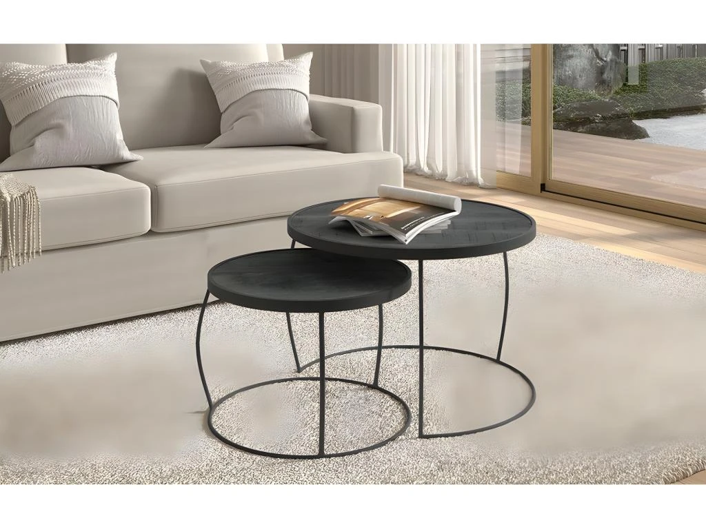 Table Basse Gigogne Ronde En Bois Massif Exotique. Finition Noir. Collection LARSON. – Image 2