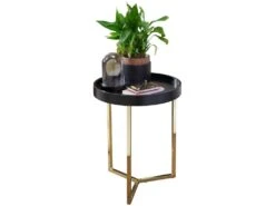 Design Table Avec Plateau 40 X 51 X 40 Cm Bois Métal Noir / Or | Table Du Canapé Moderne | Table Basse Table De Salon Rond