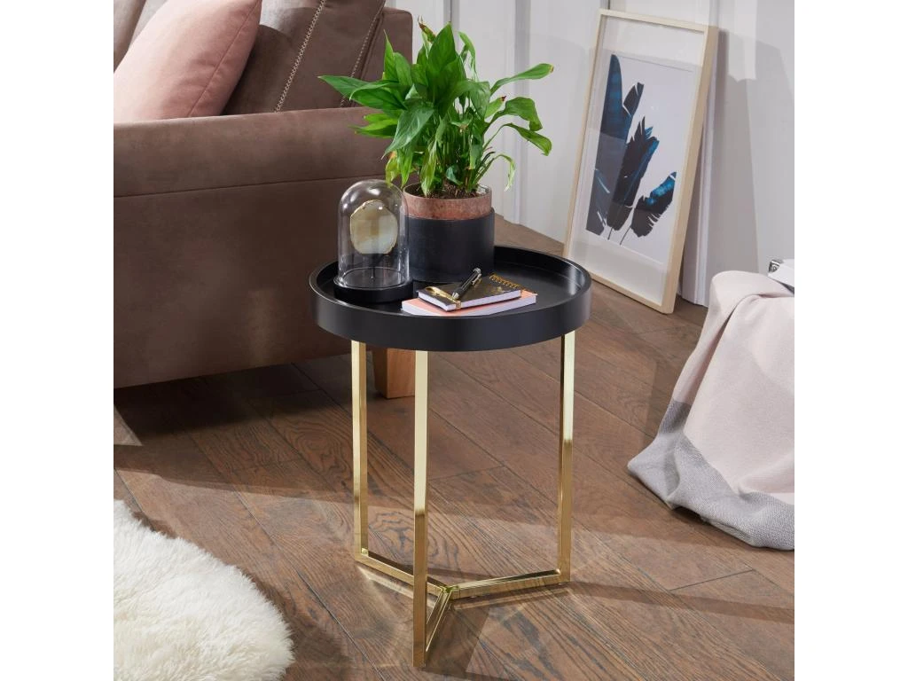 Design Table Avec Plateau 40 X 51 X 40 Cm Bois Métal Noir / Or | Table Du Canapé Moderne | Table Basse Table De Salon Rond – Image 2