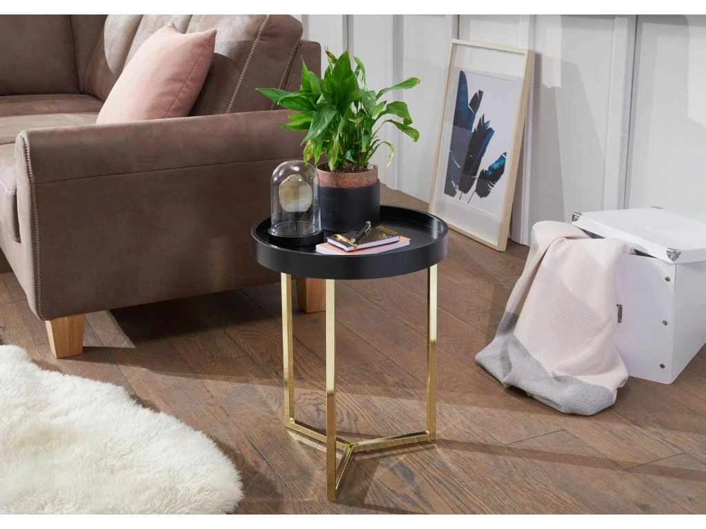 Design Table Avec Plateau 40 X 51 X 40 Cm Bois Métal Noir / Or | Table Du Canapé Moderne | Table Basse Table De Salon Rond – Image 3