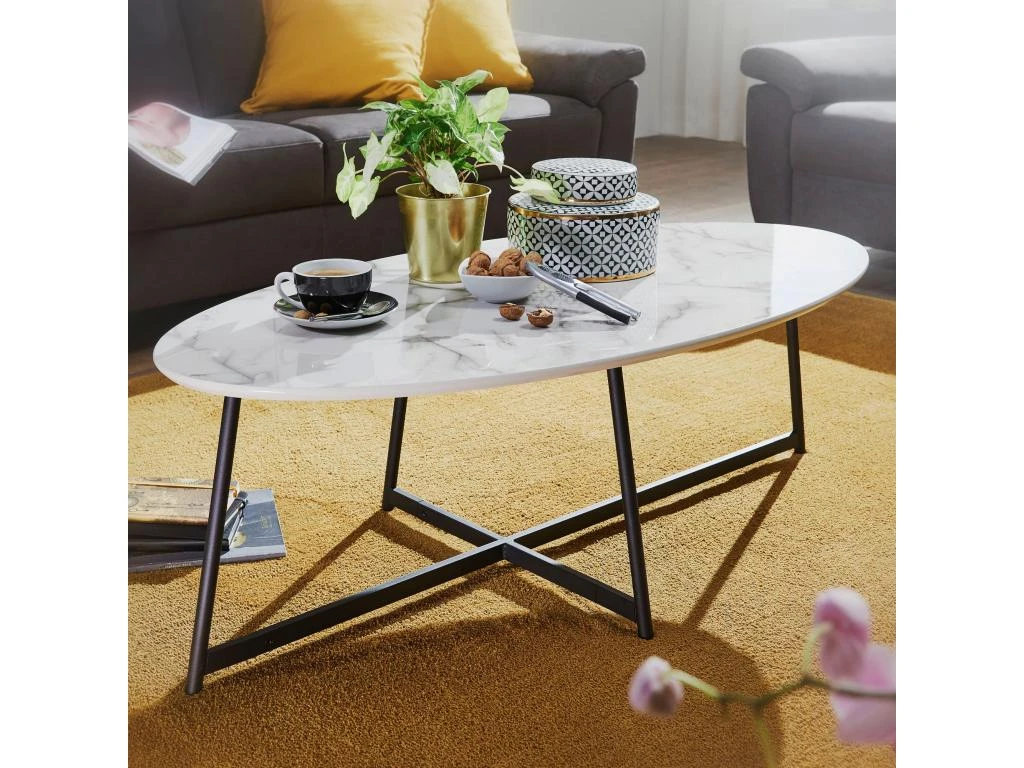 Table Basse Table De Salon Ovale Aspect Marbre Table D'appoint Blanche En Métal – Image 2