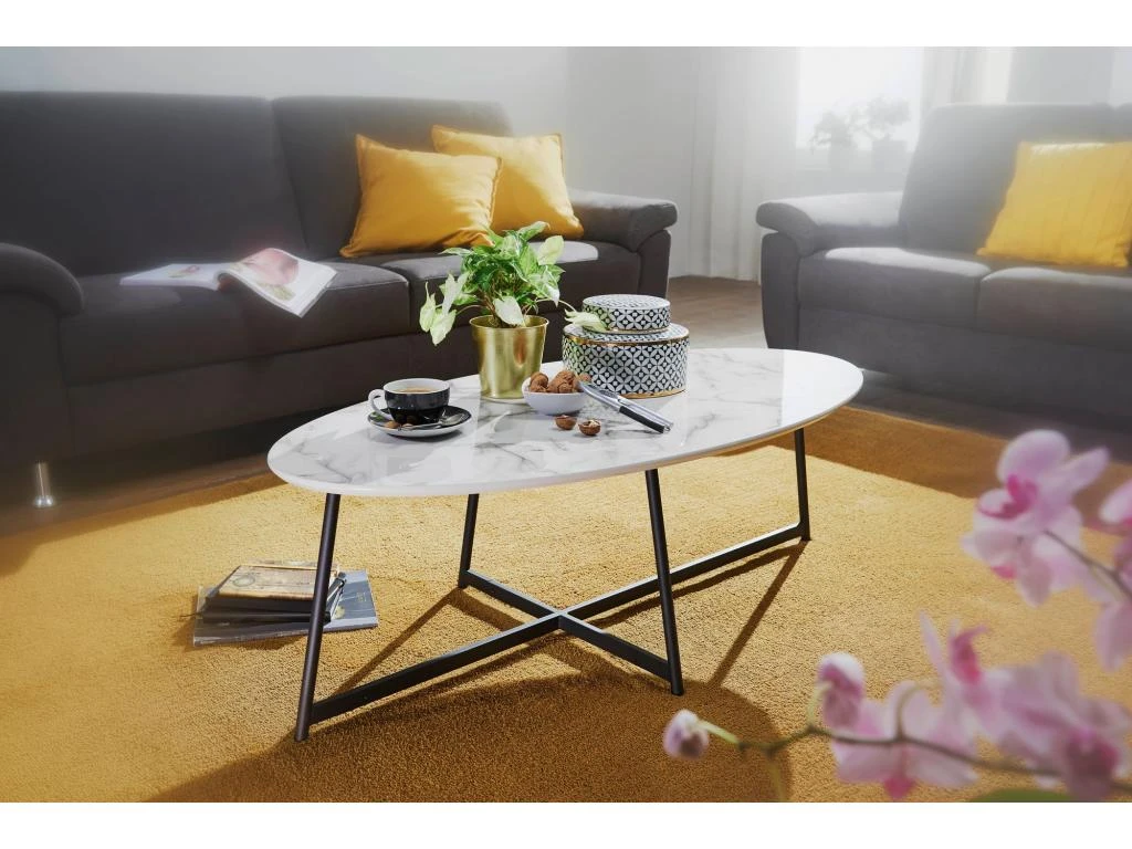 Table Basse Table De Salon Ovale Aspect Marbre Table D'appoint Blanche En Métal – Image 3