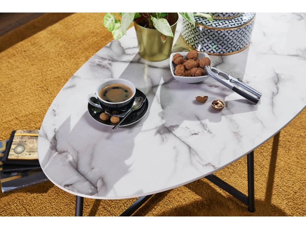 Table Basse Table De Salon Ovale Aspect Marbre Table D'appoint Blanche En Métal – Image 5