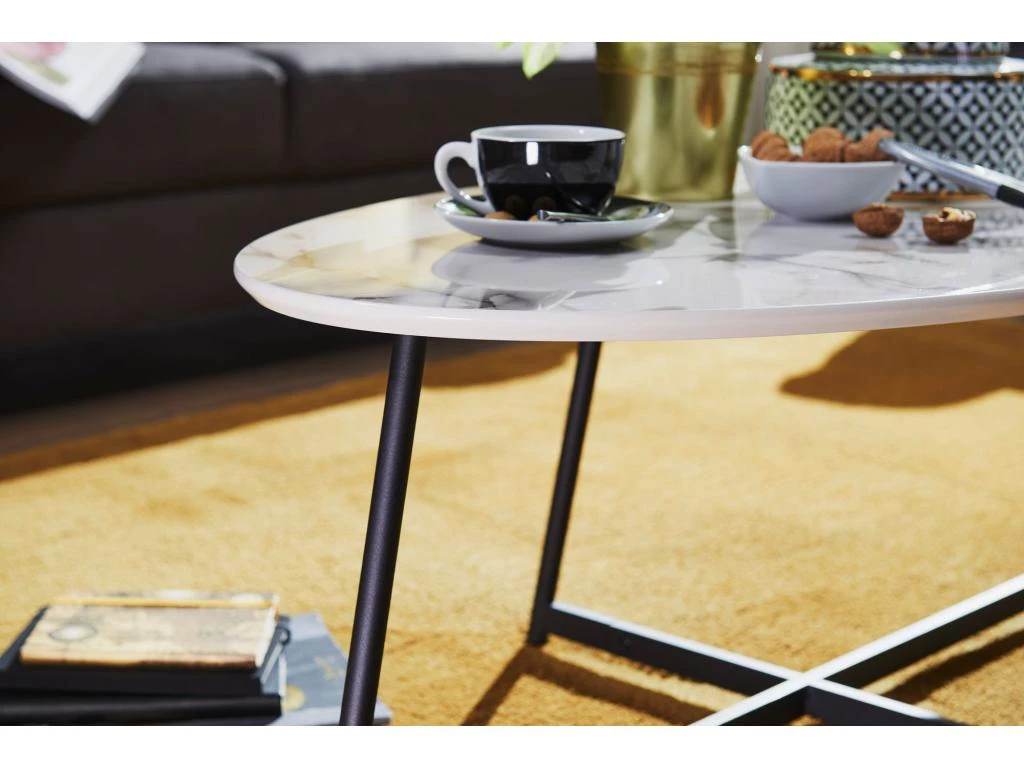 Table Basse Table De Salon Ovale Aspect Marbre Table D'appoint Blanche En Métal – Image 6