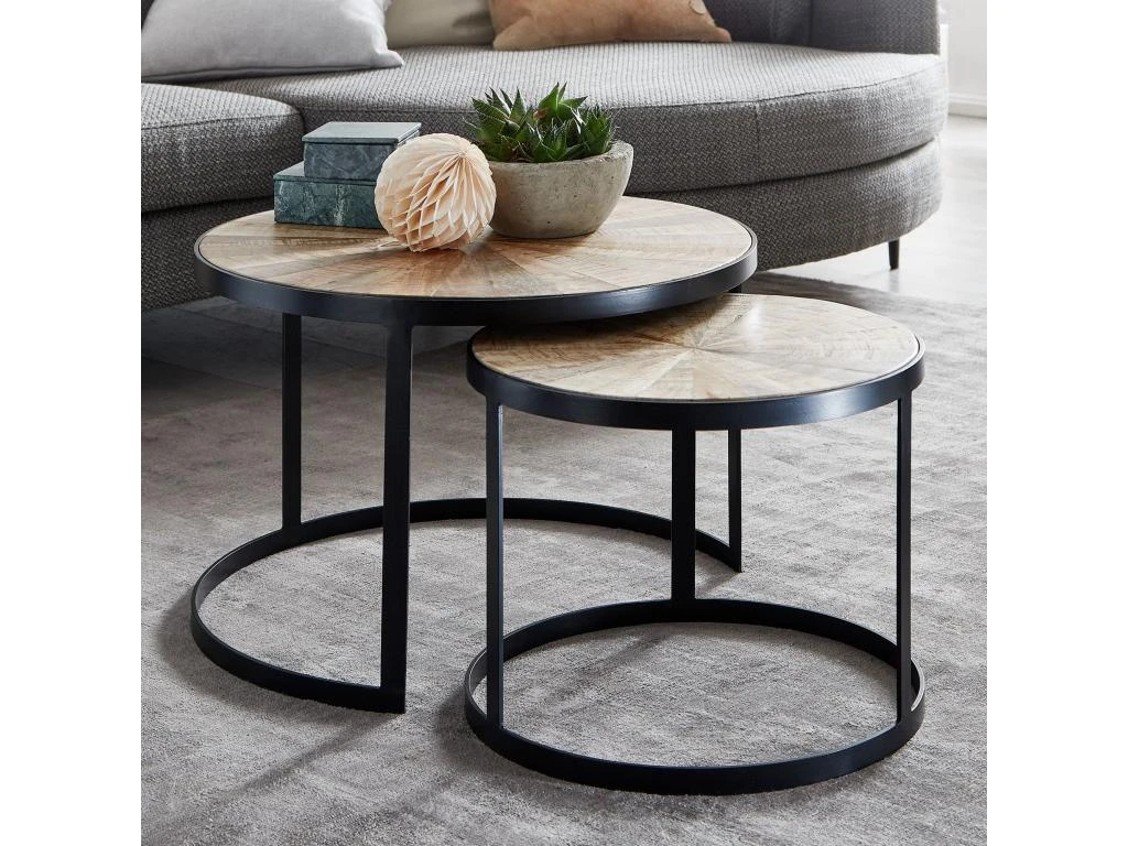 Table Basse De Salon Lot De 2 Table Canapé Bois Metal Industriel Ronde – Image 2