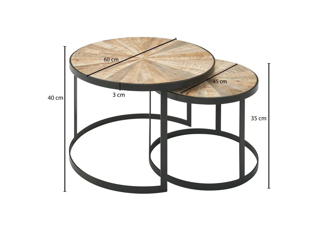 Table Basse De Salon Lot De 2 Table Canapé Bois Metal Industriel Ronde – Image 4
