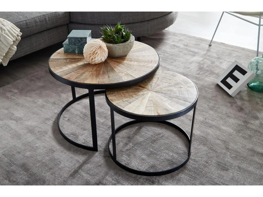 Table Basse De Salon Lot De 2 Table Canapé Bois Metal Industriel Ronde – Image 6