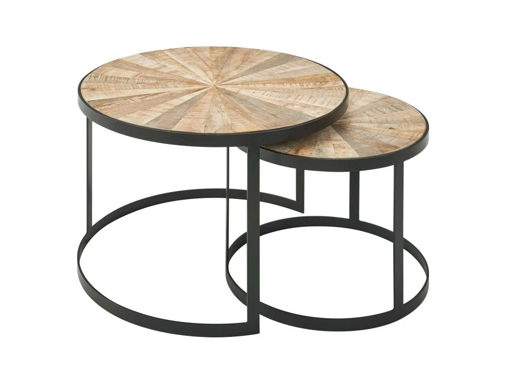 Table Basse De Salon Lot De 2 Table Canapé Bois Metal Industriel Ronde – Image 7