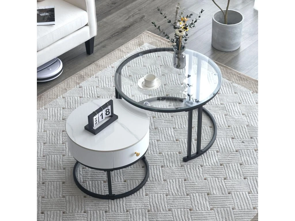 Lot De 2 Tables Gigognes Avec Tiroir - Plateaux En Verre Et Marbre - Blanc – Image 2