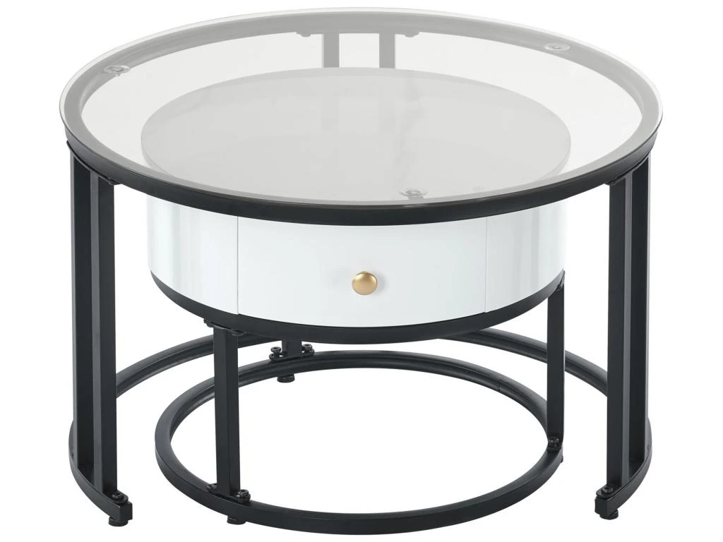 Lot De 2 Tables Gigognes Avec Tiroir - Plateaux En Verre Et Marbre - Blanc – Image 3