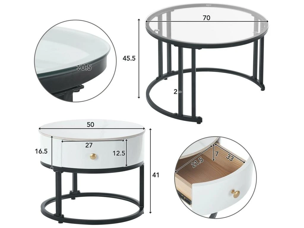 Lot De 2 Tables Gigognes Avec Tiroir - Plateaux En Verre Et Marbre - Blanc – Image 5