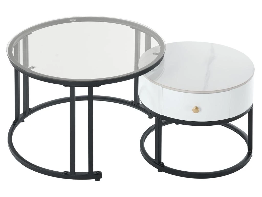 Lot De 2 Tables Gigognes Avec Tiroir - Plateaux En Verre Et Marbre - Blanc – Image 8
