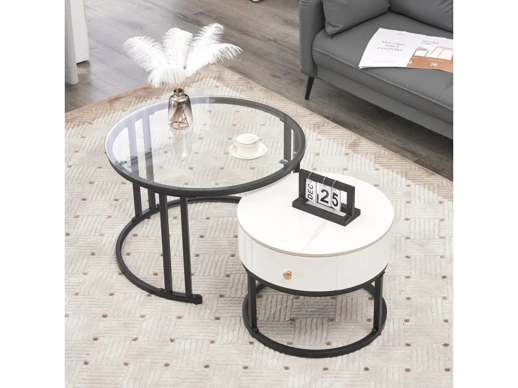 Lot De 2 Tables Gigognes Avec Tiroir - Plateaux En Verre Et Marbre - Blanc – Image 9