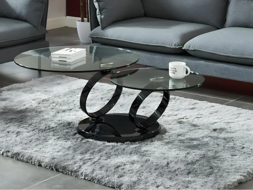 Table Basse Avec Plateaux Pivotants JOLINE - Verre Trempé Transparent Et Pied Chromé Noir