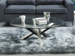 Table Basse Ronde LEONORA - Verre Trempé Et Pieds Croisés En Acier