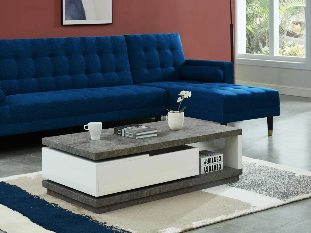 Table Basse FLAVIAN Coffre De Rangements Pivotant - MDF Blanc Laqué Et Plateau Effet Béton