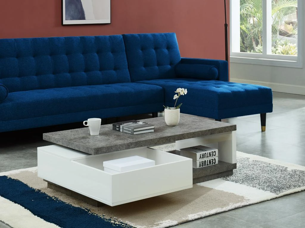 Table Basse FLAVIAN Coffre De Rangements Pivotant - MDF Blanc Laqué Et Plateau Effet Béton – Image 8