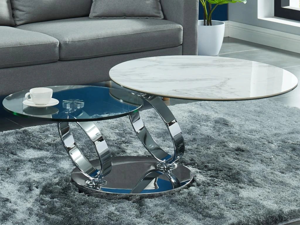 Table Basse Avec Plateaux Pivotants - Céramique, Verre Trempé Et Métal - Effet Marbre Blanc - JOLINE