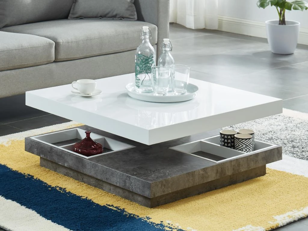 Table Basse - Plateau Pivotant - MDF Laqué Blanc Et Béton - FAUSTO II – Image 3